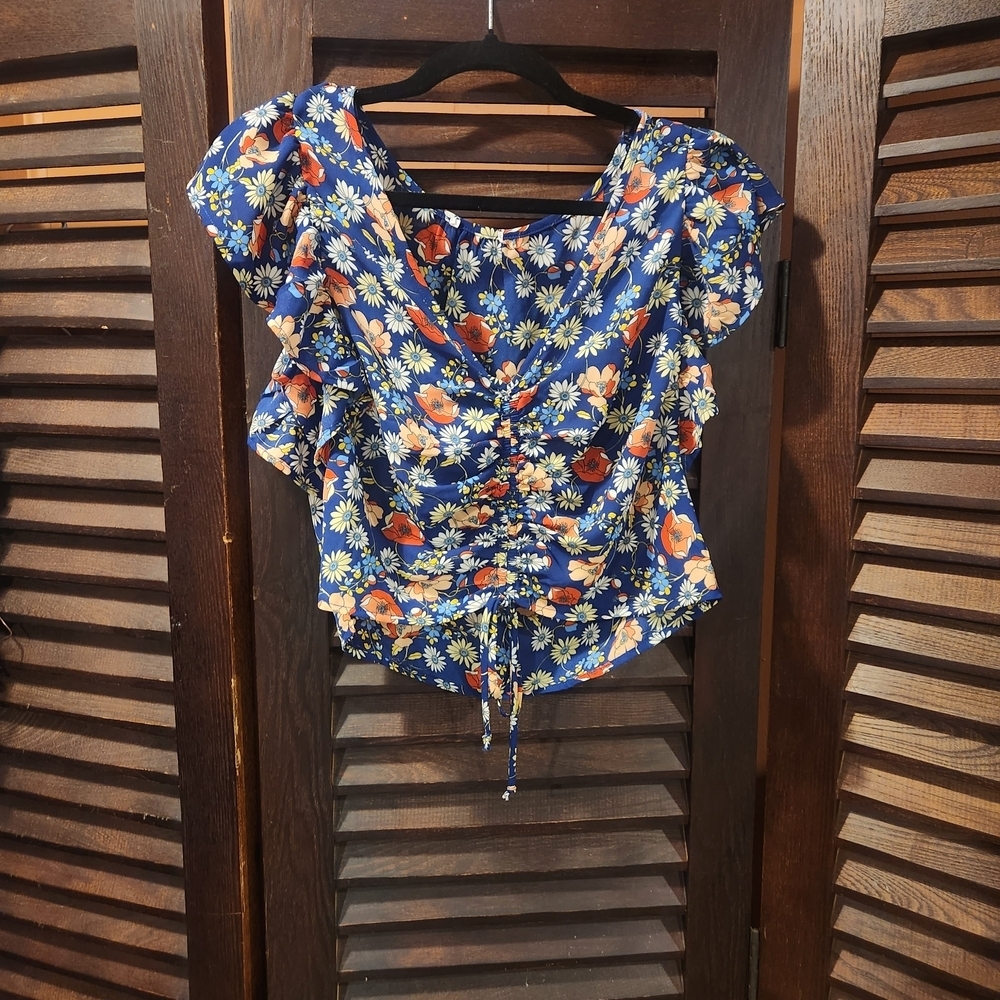 Sienna Sky Blue Floral Blouse with Orange Accents